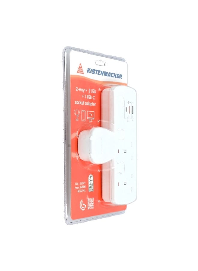 KISTENMACHER 3250W 2-Way 2-USB 1-USBC Socket Adapter White 5.1 x 13.6 x 19.5 cm EGK 602BUC - Image 2